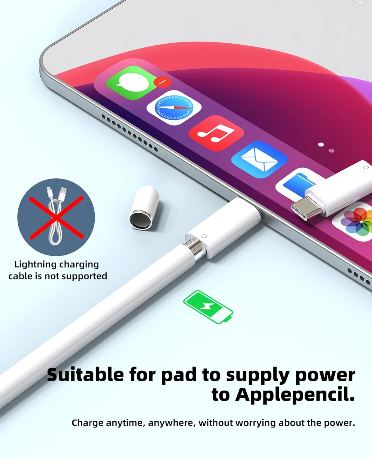 adaptador Lightning fêmea para USB C macho para Apple Pencil adaptador de 1ª geração para iPad 10º Bluetooh